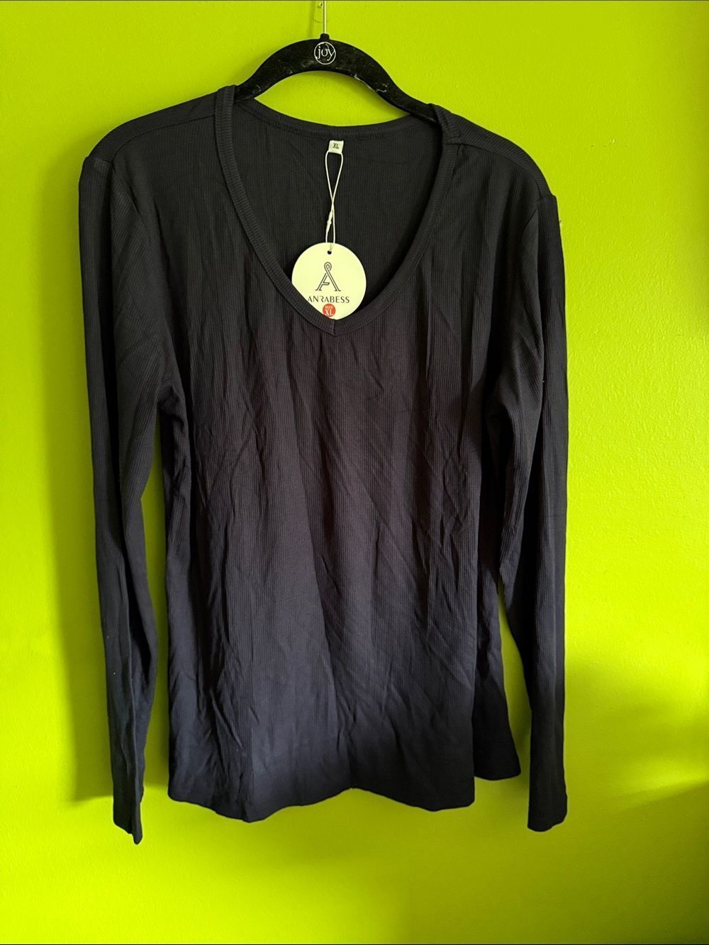 NWT Anrabess Dark Blue Stretch Long Sleeve V Neck Ribbed Top Shirt Size XL